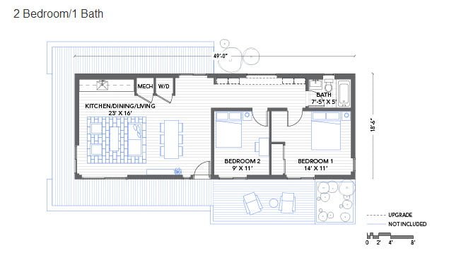Blu Homes Origin prefab home model 2 BR 49' x 18.5' floor plan.