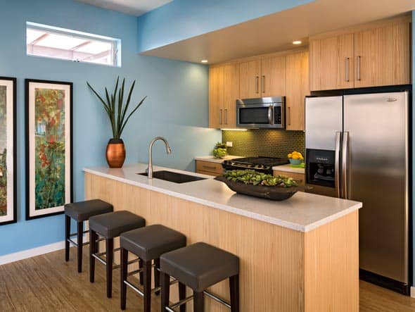 Blu Homes Origin prefab home kitchen and kitchen island.