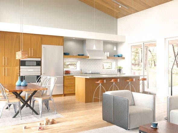 Blu homes Breeze Aire prefab home rendering showing dining room and kitchen area.