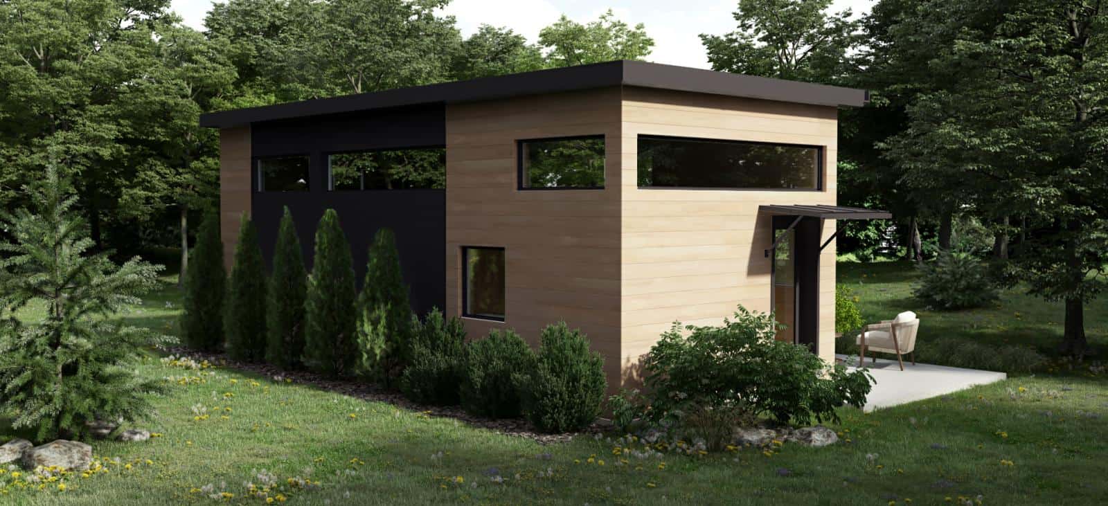 Baldwin Mini Home small prefab home or ADU by Dvele - exterior rear and side view.