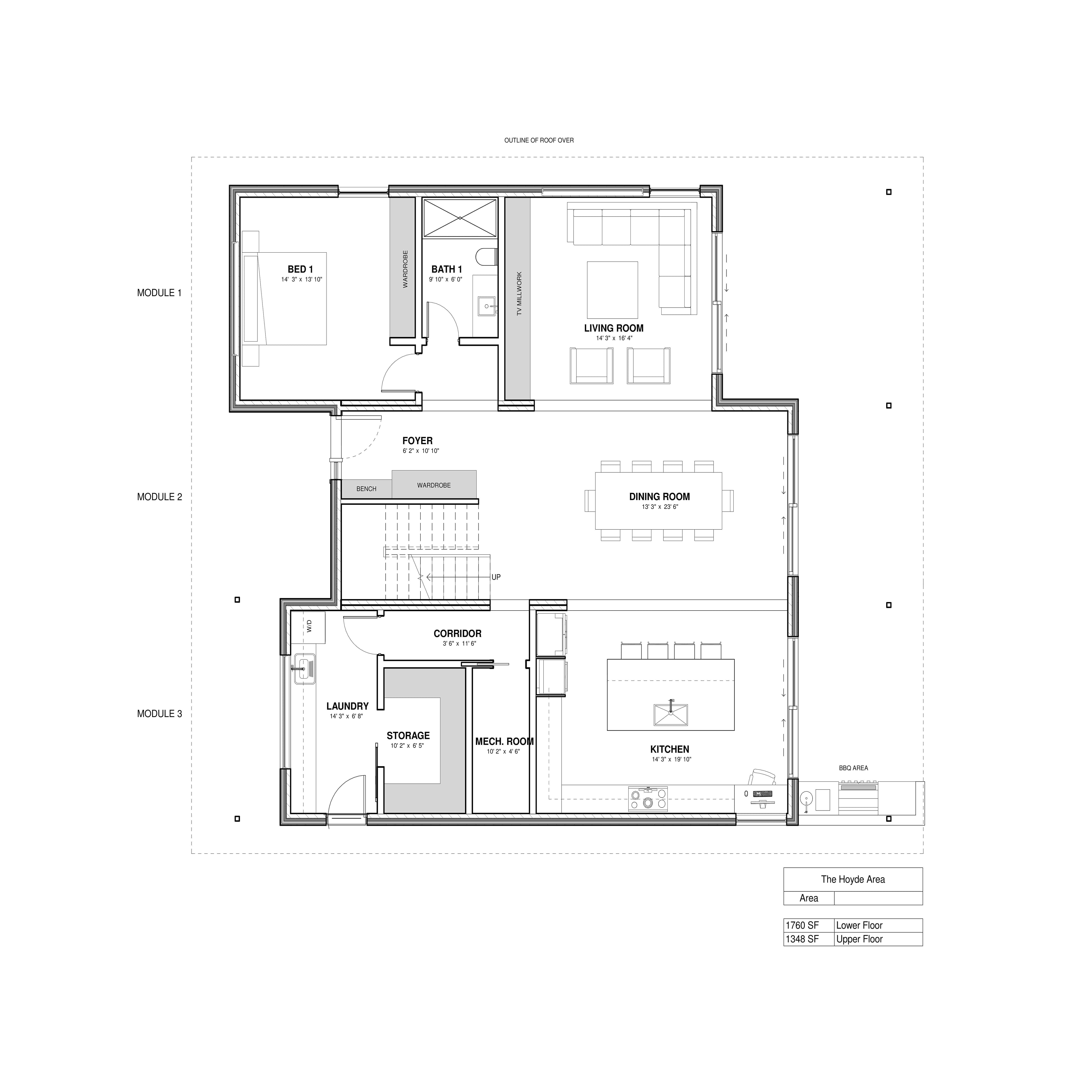 Dvele Hoyde modern prefab home model level 1 floor plan.