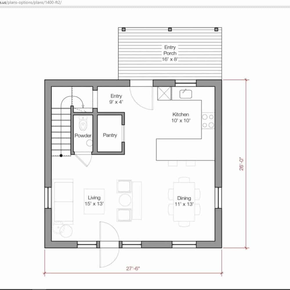 Go Home 1400 sq ft prefab home model by Go Logic first level floor plan diagram.