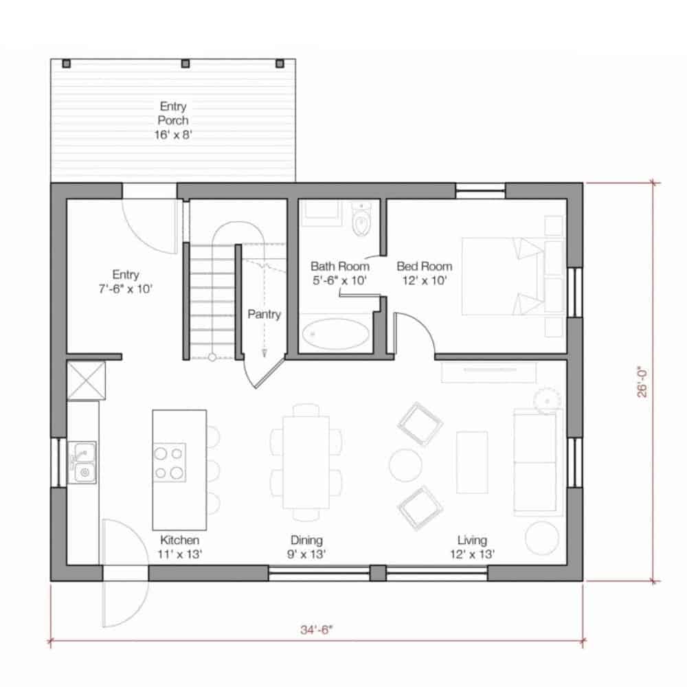 Go Home 1600 sq ft by Go Logic prefab home first level floor plan.