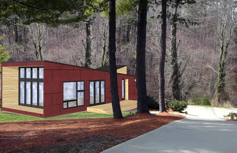 Hive Modular S-Line S005 prefab home - rendering of driveway and exterior in woods.
