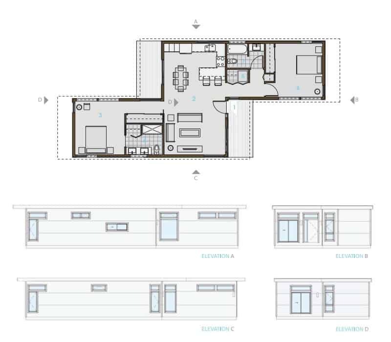 LivingHomes C6.2 prefab home floor plans and elevation drawings.