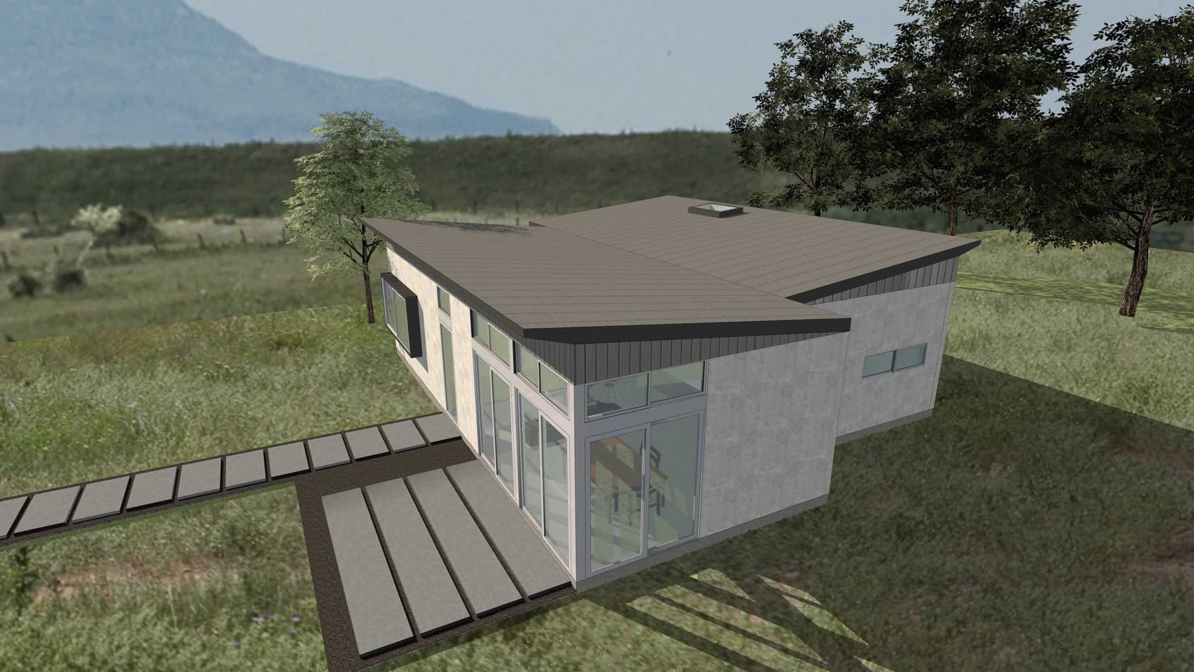 Casita 1100 modern prefab home rendering showing view from above.