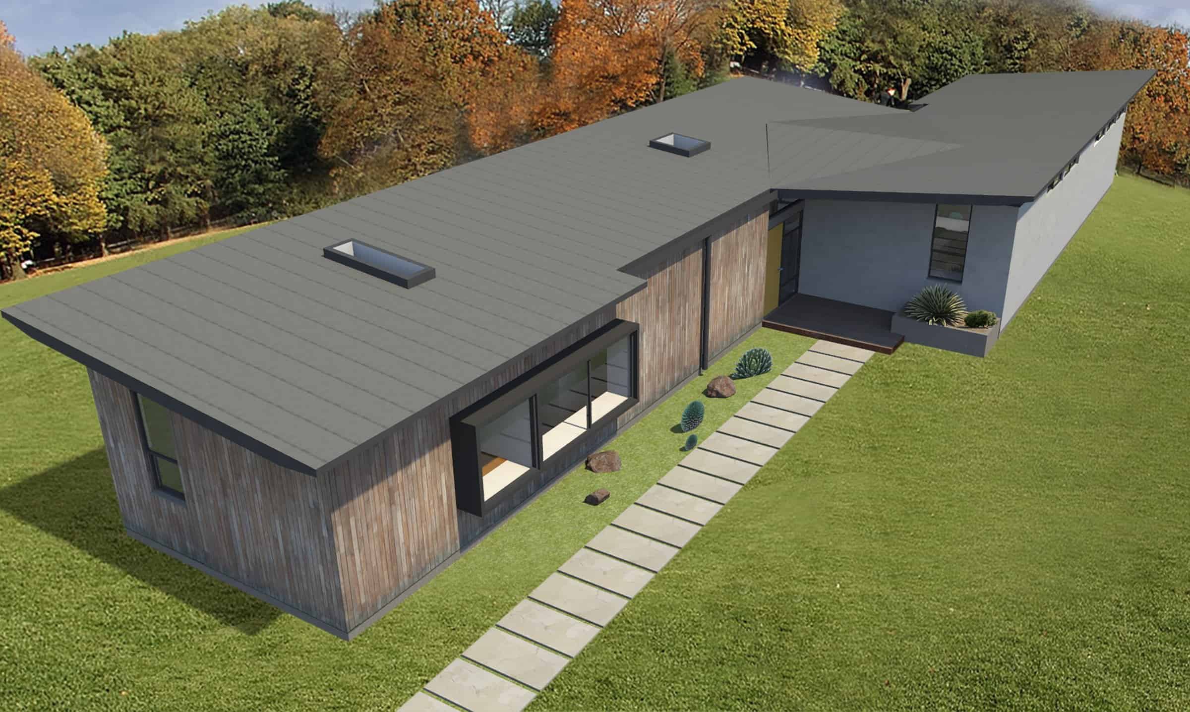 MA Modular C Plan modern prefab home model rendering with view of exterior from above.