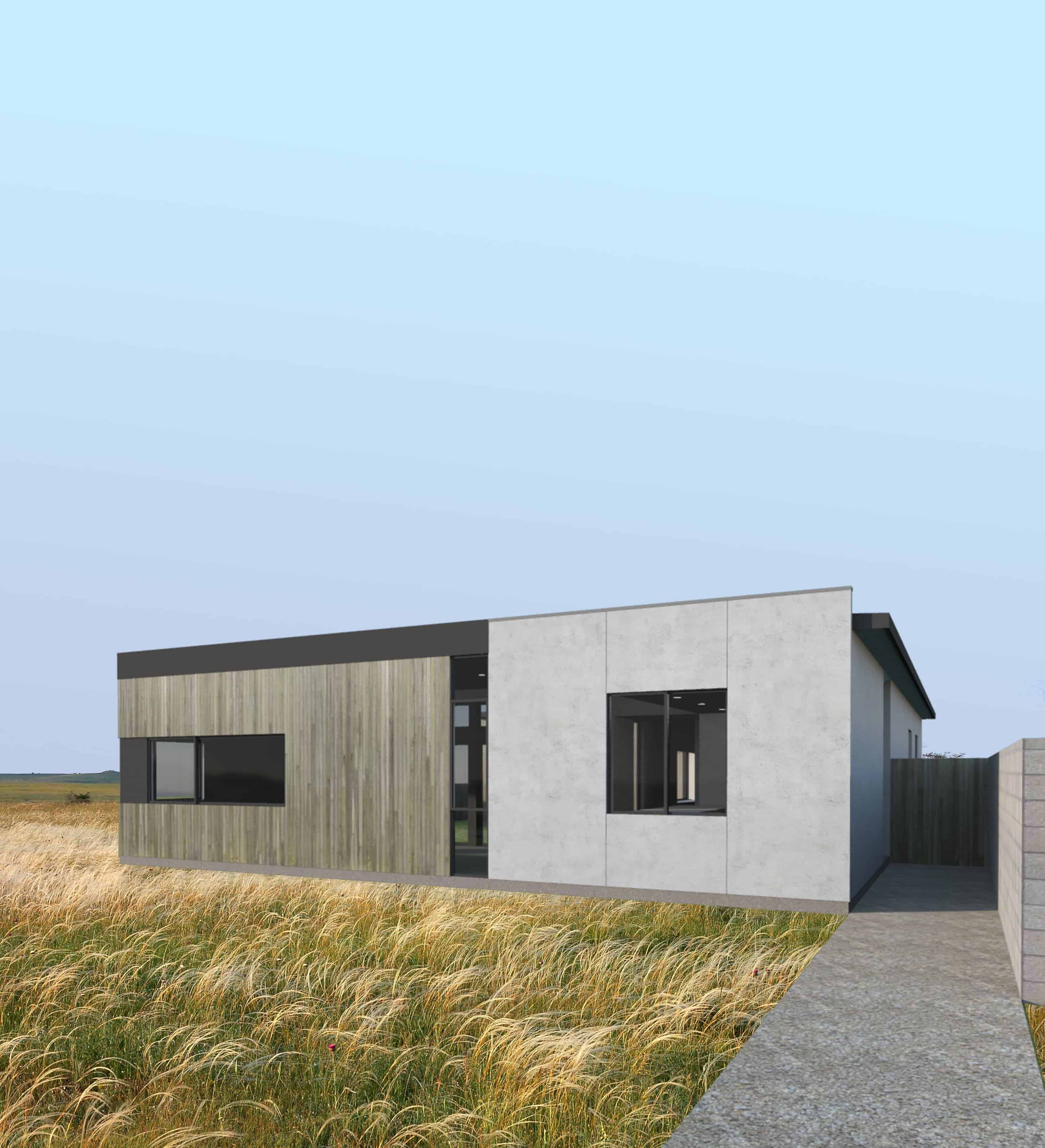 MA Modular C Plan model modern prefab home with rendering view of exterior side.