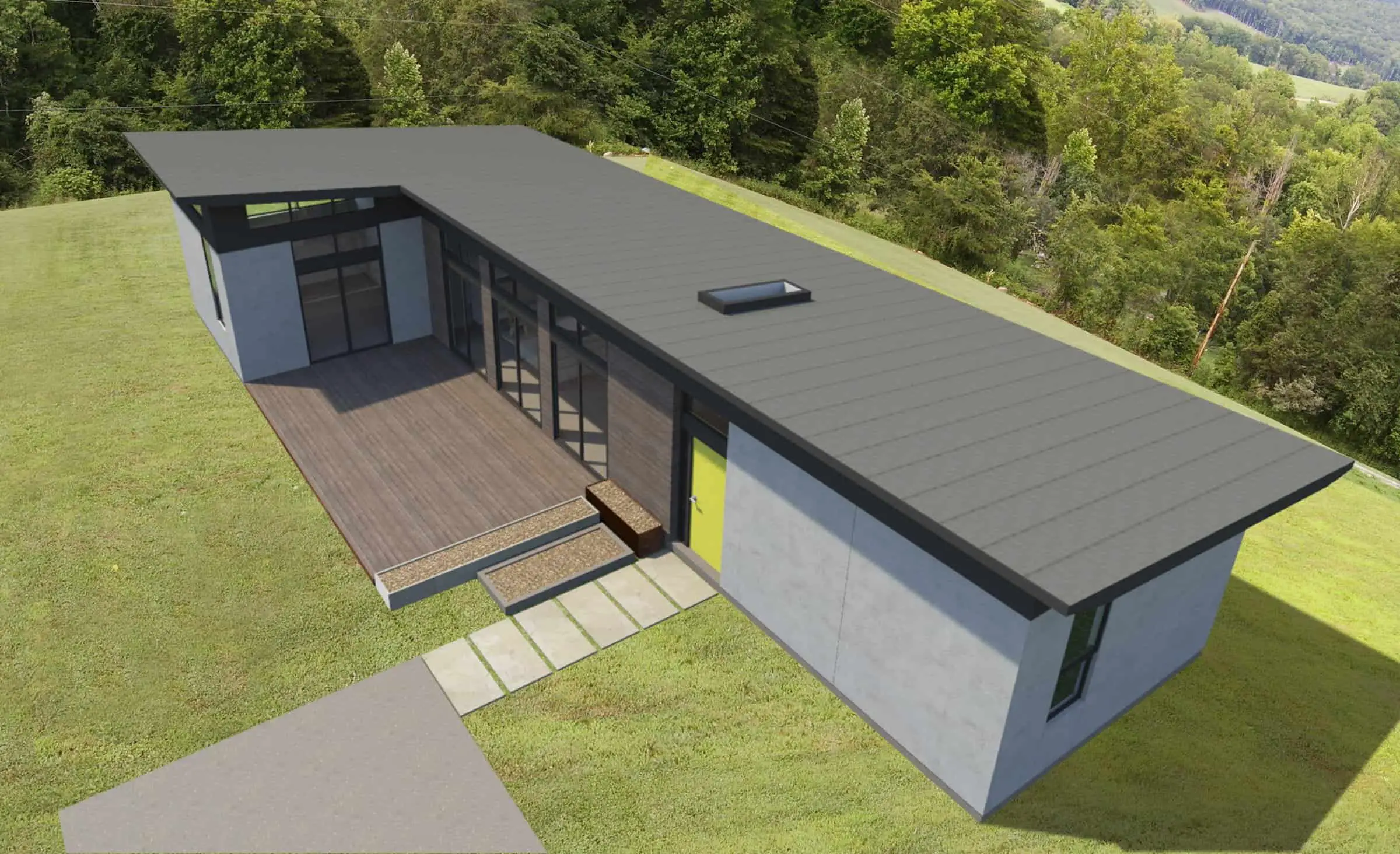 MA Modular L Plan modern prefab home model rendering showing roof and rear of home from above.