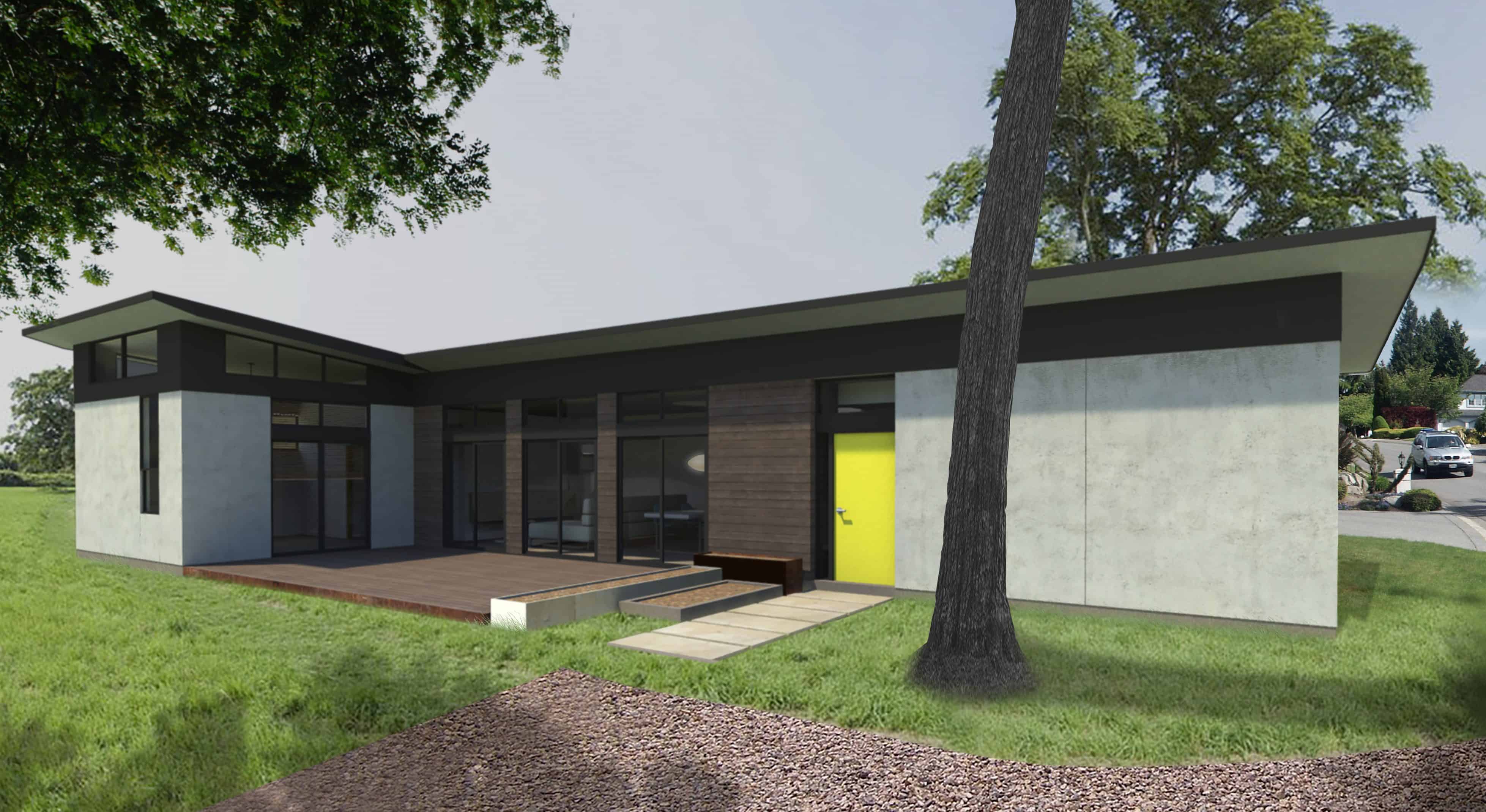 MA Modular L Plan modern prefab home model rendering with view from front.