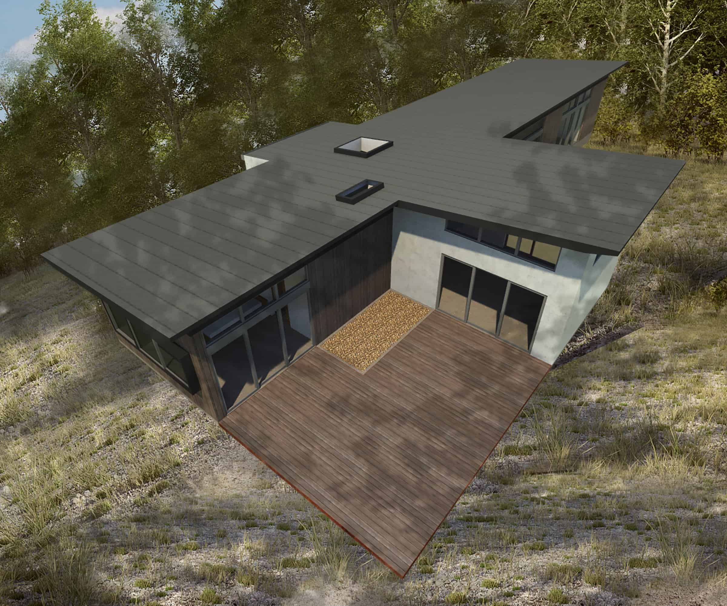 Ma Modular T Plan modern prefab home model rendering showing roof and rear of home.
