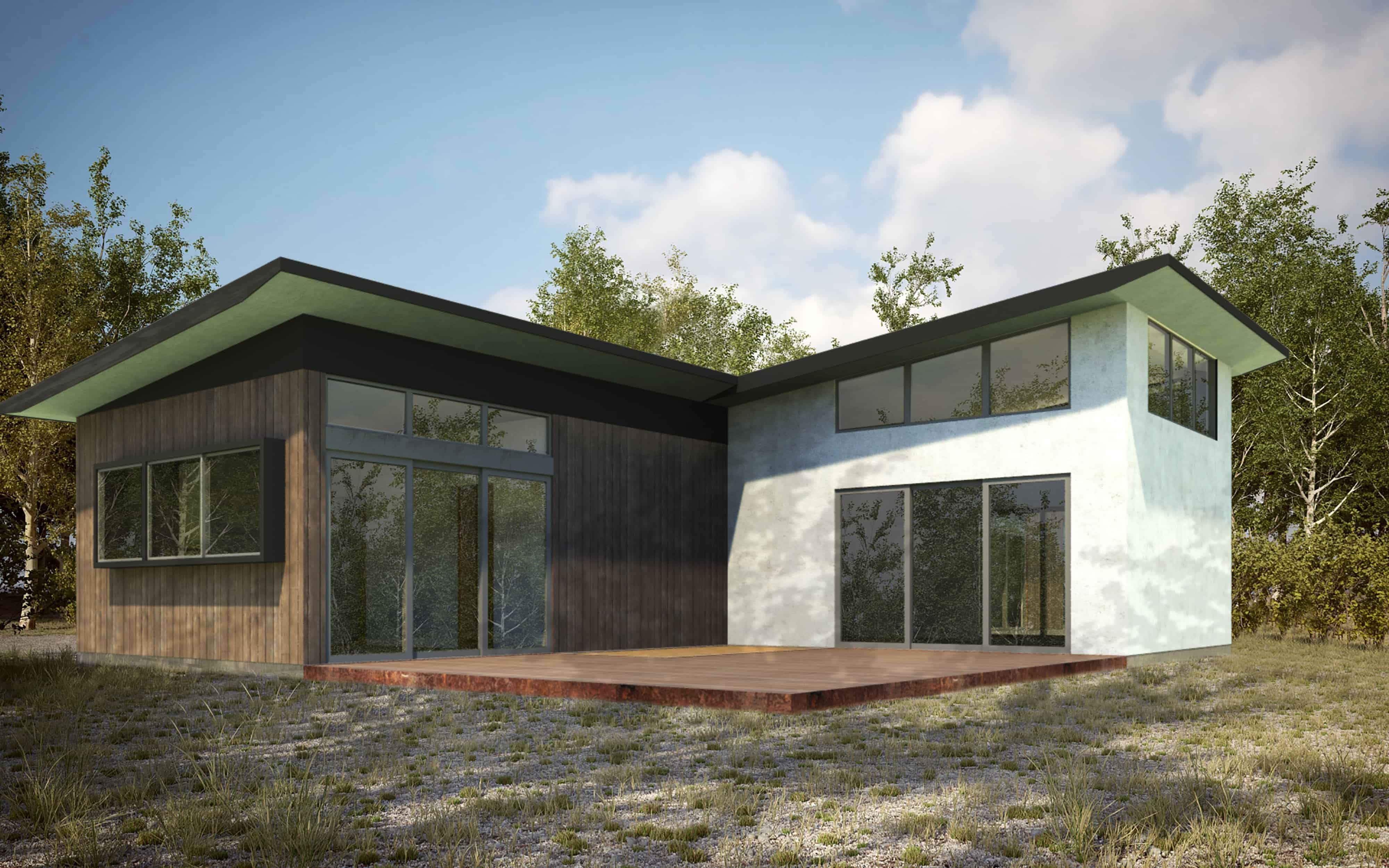 Ma Modular T Plan modern prefab home plan rendering with view of exterior front.