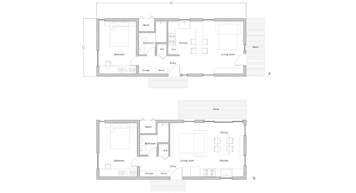 NODE Trillium modern prefab home 600 sq ft floor plan.