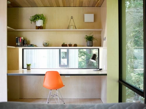 NODE Madrona modern prefab home interior showing office area and desk.