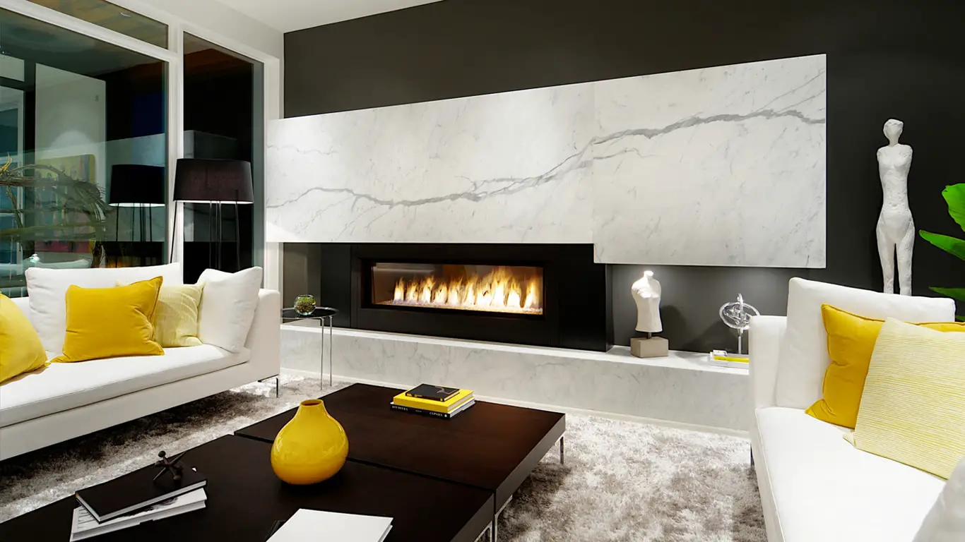 Dvele modern prefab home fireplace.