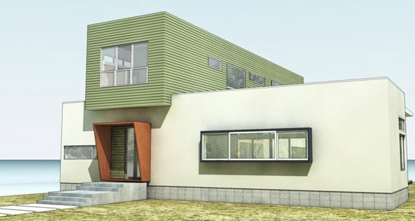 MA Modular Blue Crest prefab home - rendering of front exterior.