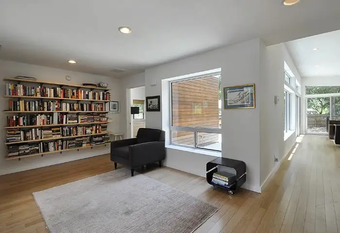 MA Modular Ford prefab home - living room and book shelves