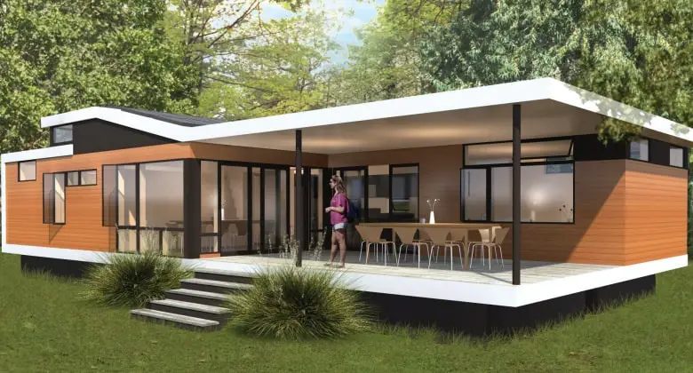 miniHome Cali Duo 1 prefab home - covered entry deck.