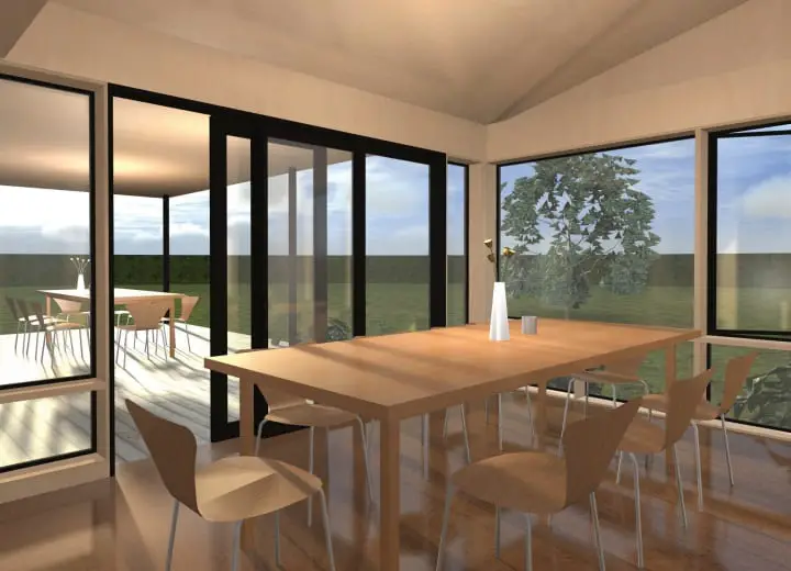 miniHome Cali Series Duo 2 prefab home - dining and deck veiw.