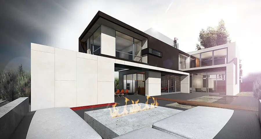 mnmMOD prefab home in Venice, CA - view of patio and fire pit.