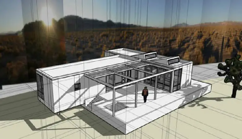 nottoscale T Modulome (Nevada) prefab home - rendering of deck and exterior.